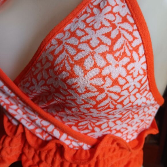 XS Vintage 70's Style Orange Floral Halter Crop Top Ruffle Hem Adjustable Tie - Picture 4 of 8